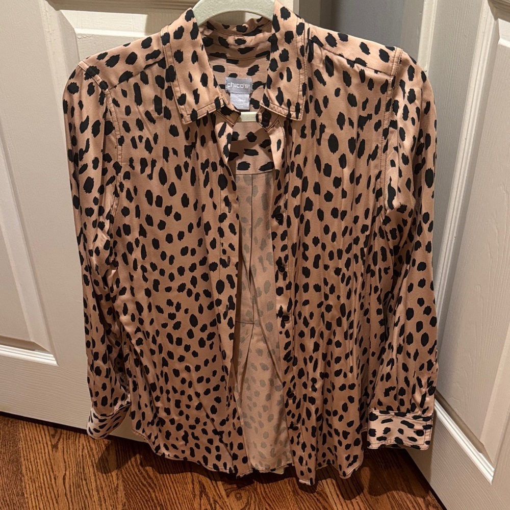 Chico's Tan and Black Polka Dot Blouse